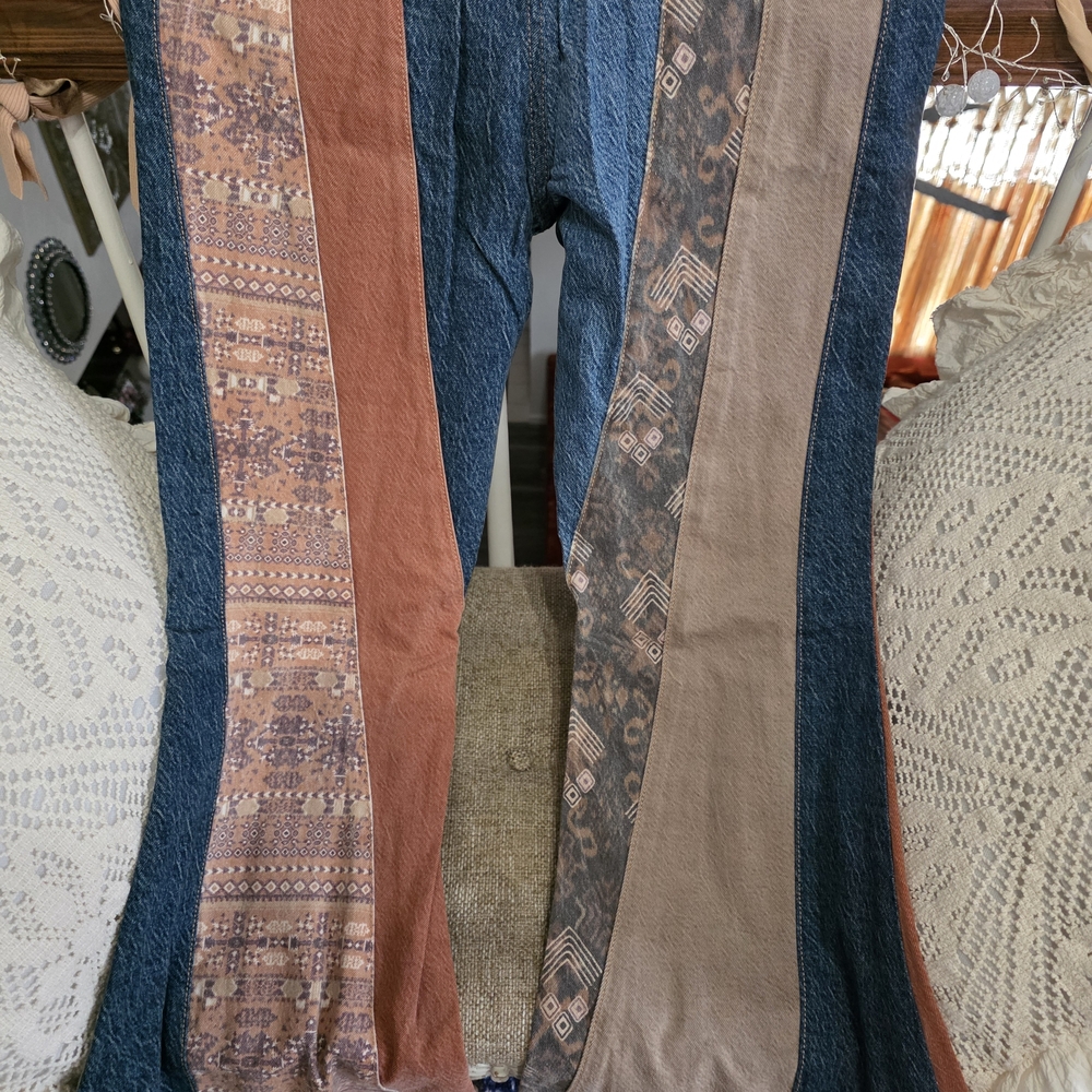Free People Striped Patchwork Wide-Leg Jeans in Blue and Brown - Picture 4 of 7